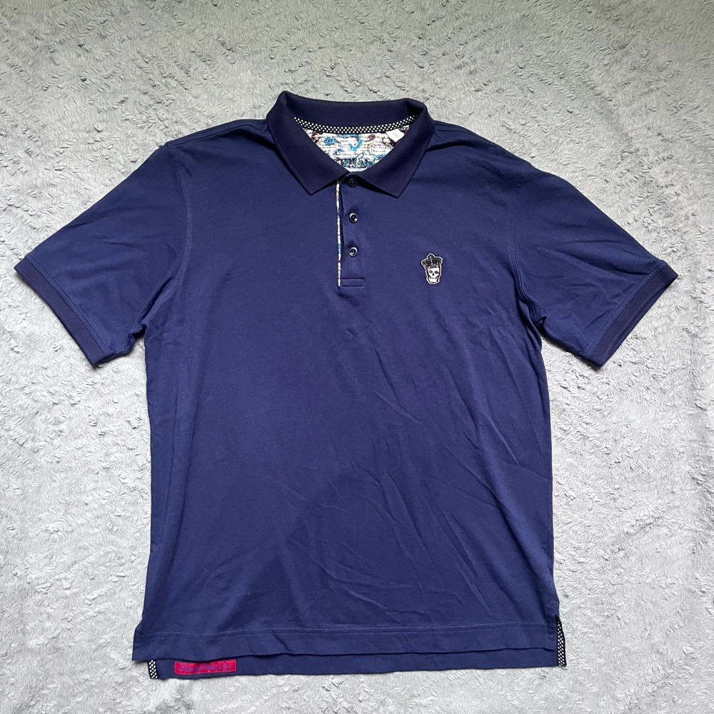 Robert Graham Mens Navy Blue Skull Crown Polo Shirt Classic Fit Medium Cotton